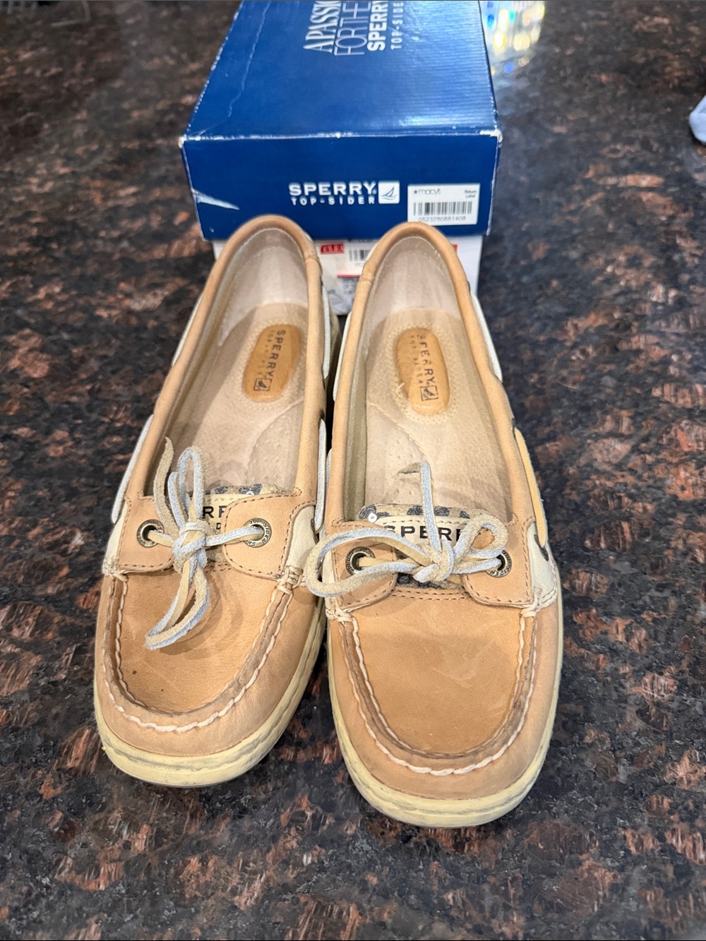 Sperry Women's Light Brown Cheetah Leather Boat Shoes with Ivory Laces 5